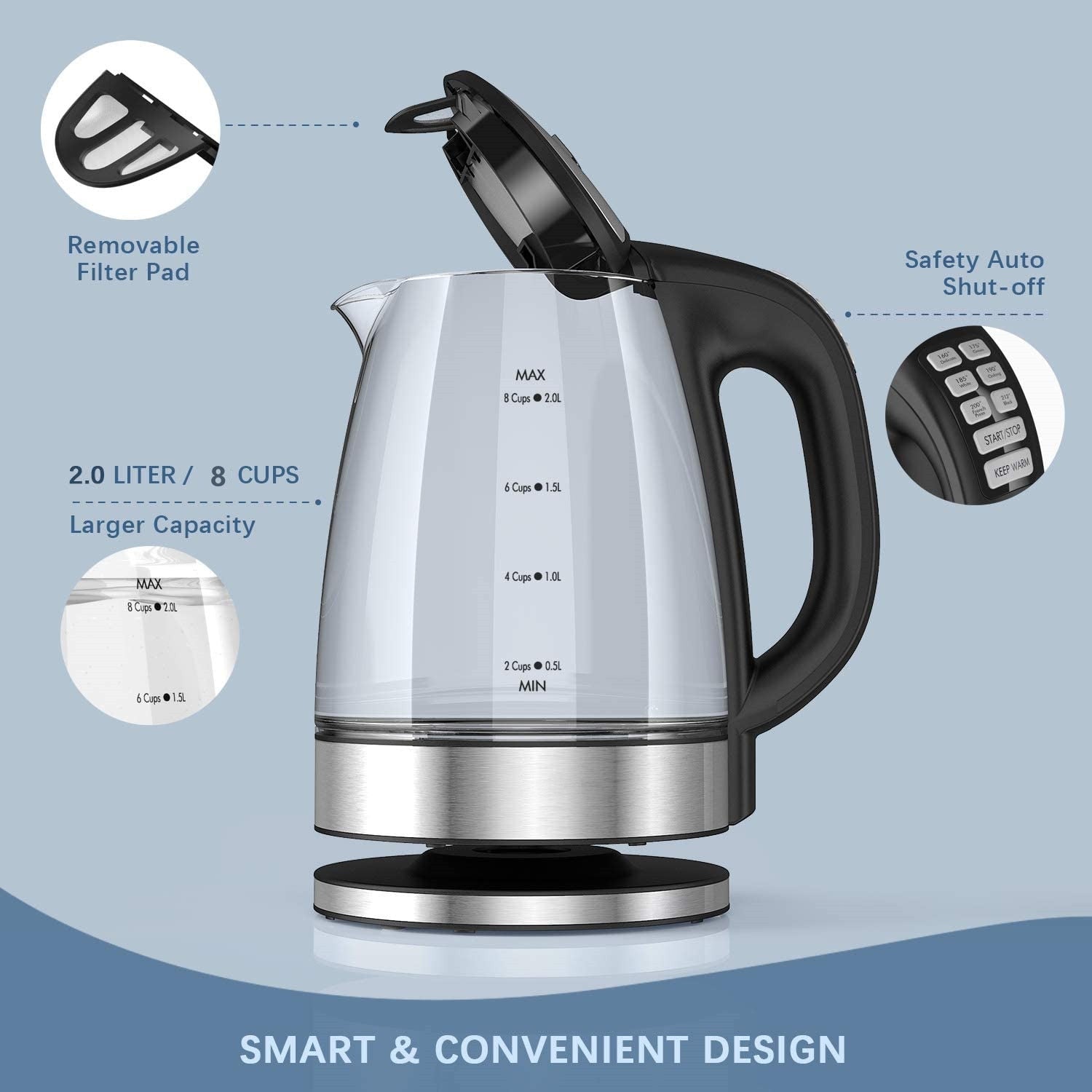 Electric Kettle Temperature Control with 6 Presets